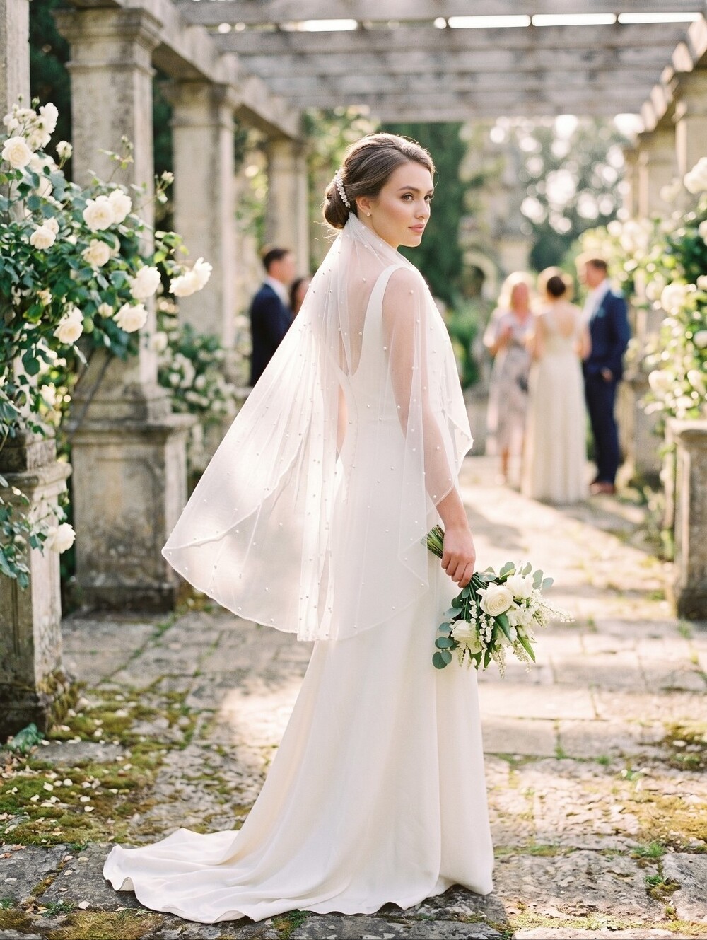 Classic White Bridal Pearl-Embellished Veil